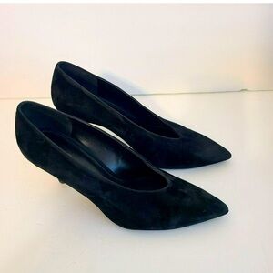 MICHAEL Michael Kors Black Suede Pointy Toe Pumps Gold Heel Logo NWOT sz 10